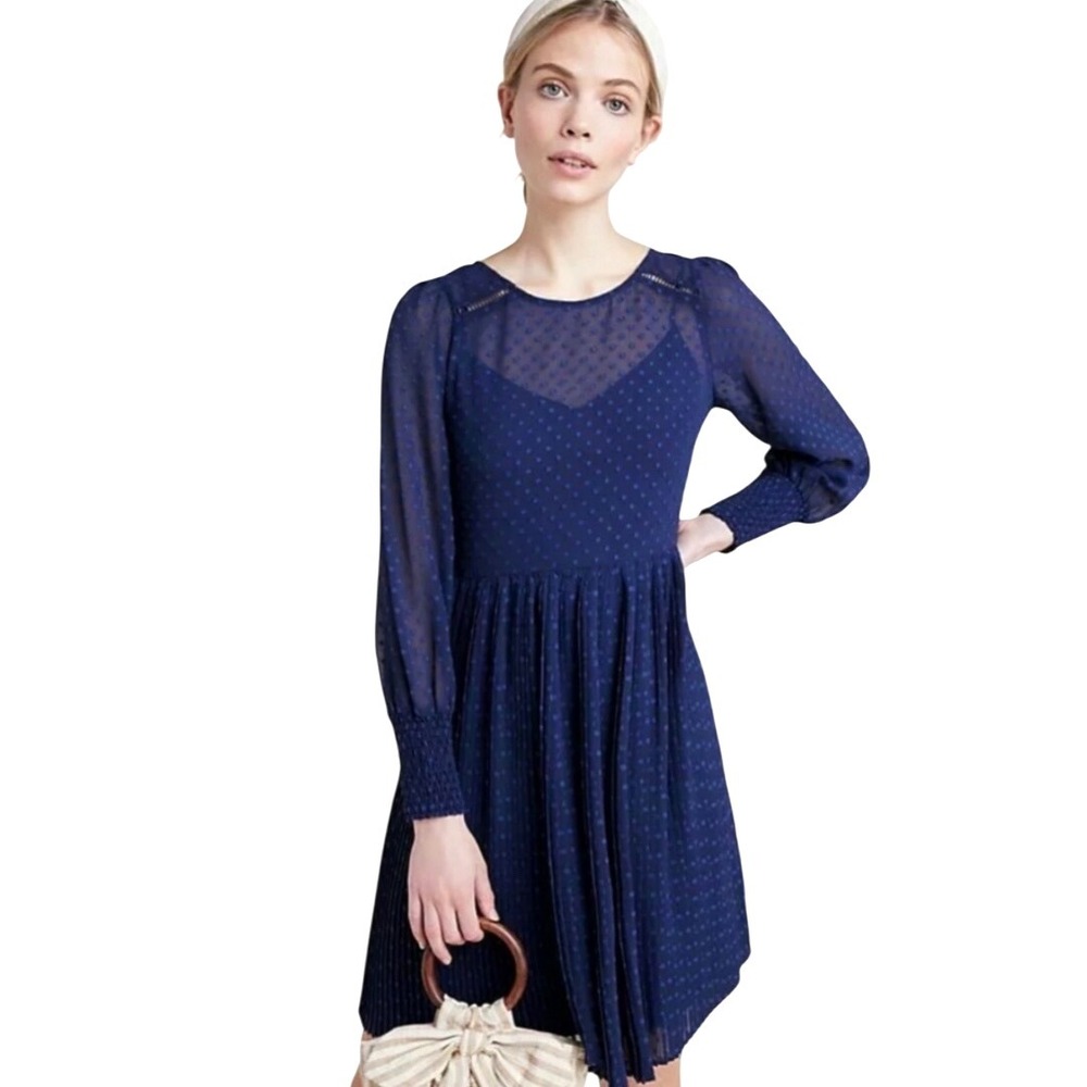 Anthropologie Maeve Blue Swiss‎ Dot Pleated Long Sleeve Midi Dress 8P
